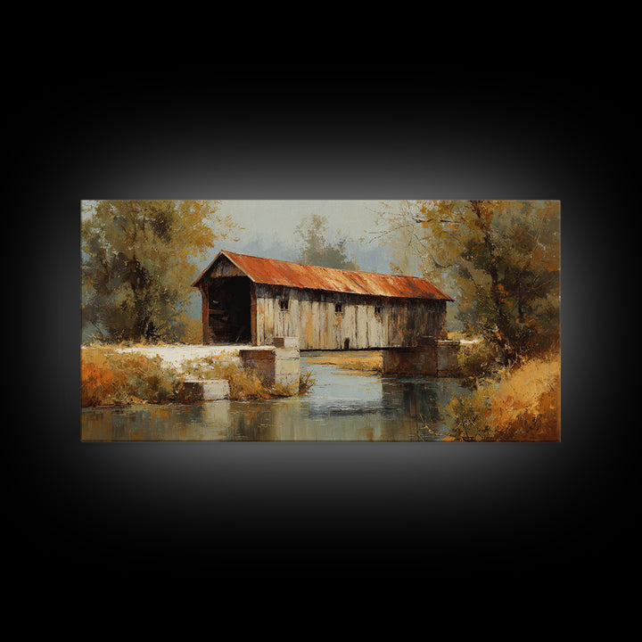 Covered Bridge over a Quiet Creek Framed Canvas Print, Country Art, Watercolor Painting, Farmhouse Decor, Fine Art, Country, COU-2x1-11