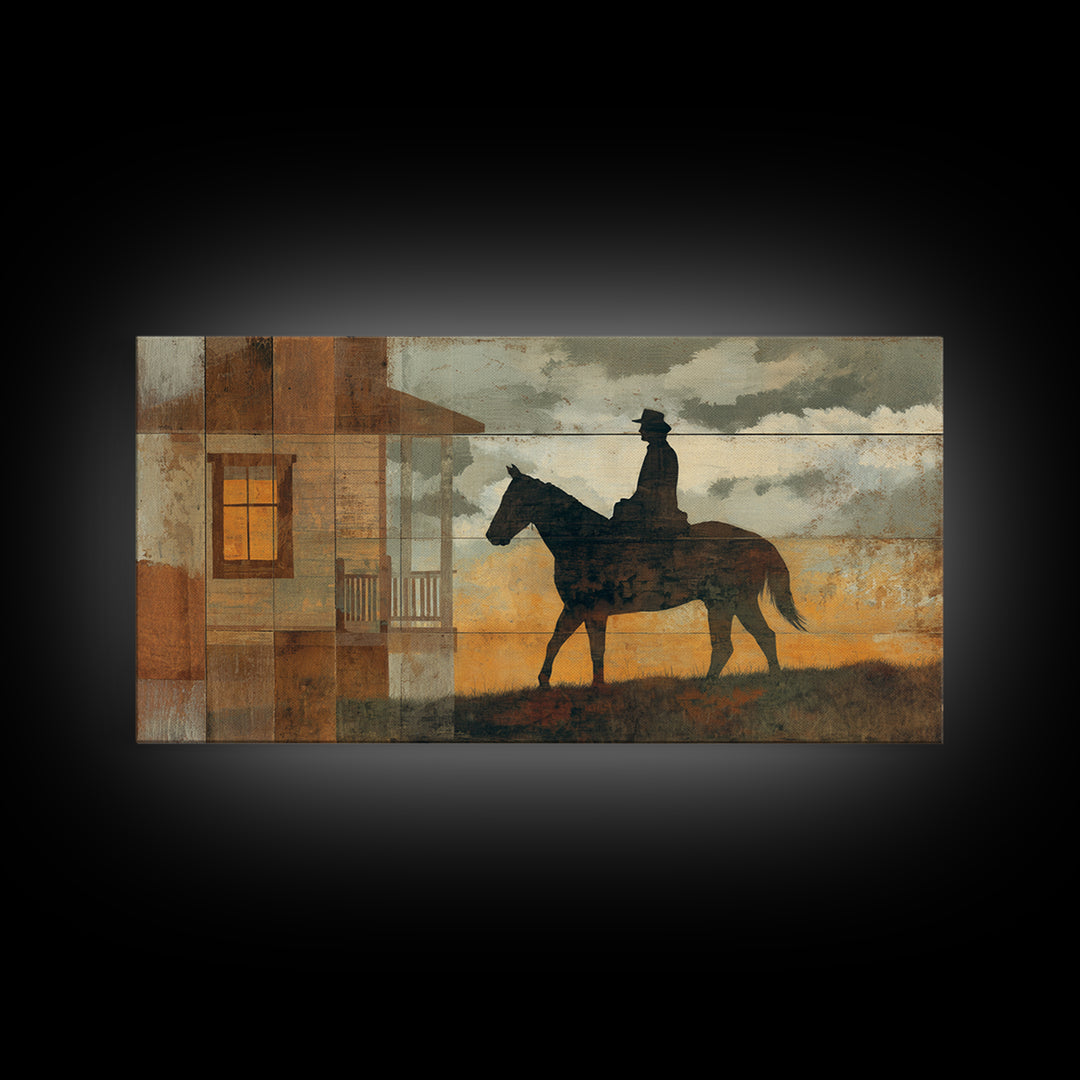 Horse and Rider Silhouette at Dusk Framed Canvas Print, Country Art, Minimalist Decor, Farmhouse Decor, Fine Art, Country, COU-2x1-13