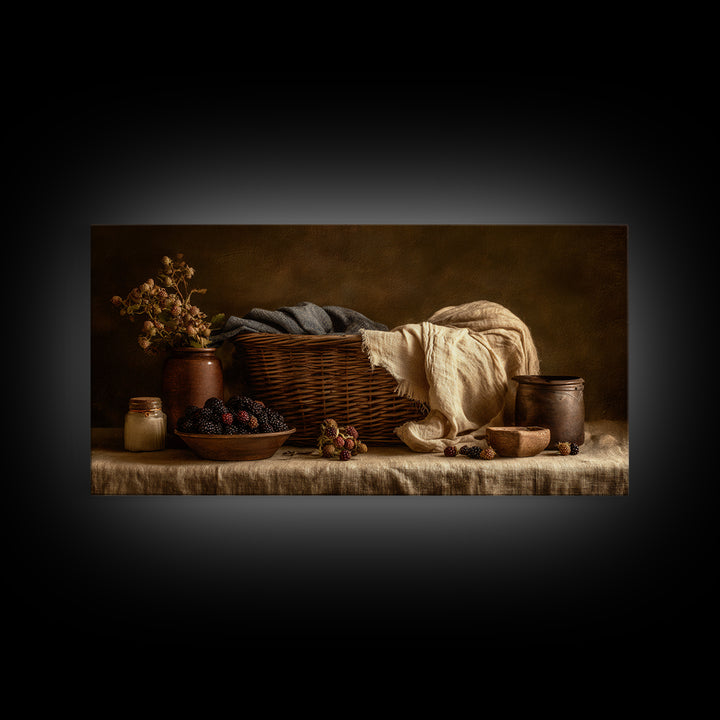 Blackberry Basket with Linen Cloth Canvas Print, Country Art, Contemporary Art, Farmhouse Decor, Abstract Art, Country, COU-2x1-17