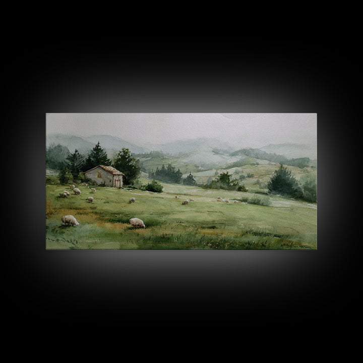 Watercolor Sheep in a Green Pasture Framed Canvas Print, Country Art, French Country, Farmhouse Decor, Fine Art, Country, COU-2x1-19