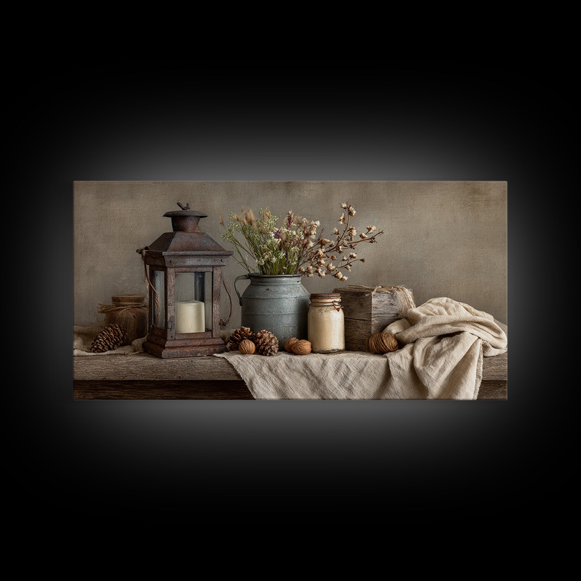 Old Lantern and Pinecones Still Life Framed Canvas Print, Country Art, Fine Art Print, Farmhouse Decor, Fine Art, Country, COU-2x1-20