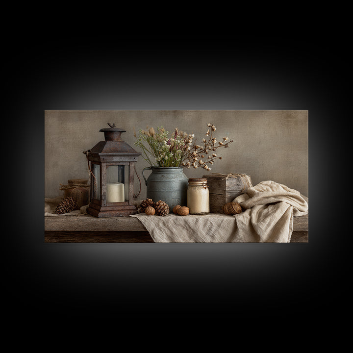 Old Lantern and Pinecones Still Life Framed Canvas Print, Country Art, Fine Art Print, Farmhouse Decor, Fine Art, Country, COU-2x1-20
