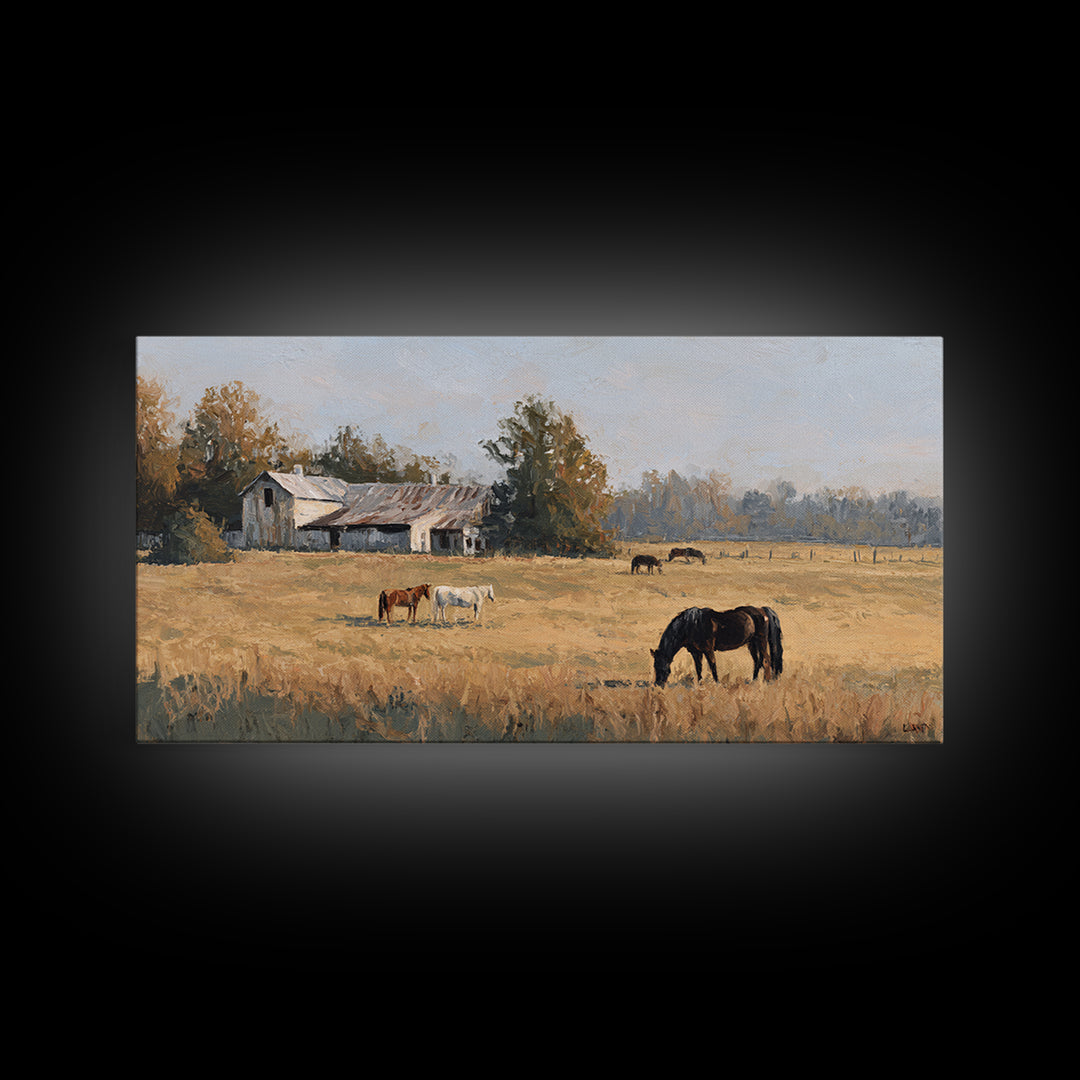 Rolling Pasture with Grazing Horses at Sunrise Canvas Print, Country Art, Wall Art, Farmhouse Decor, Oil Painting, Country, COU-2x1-21