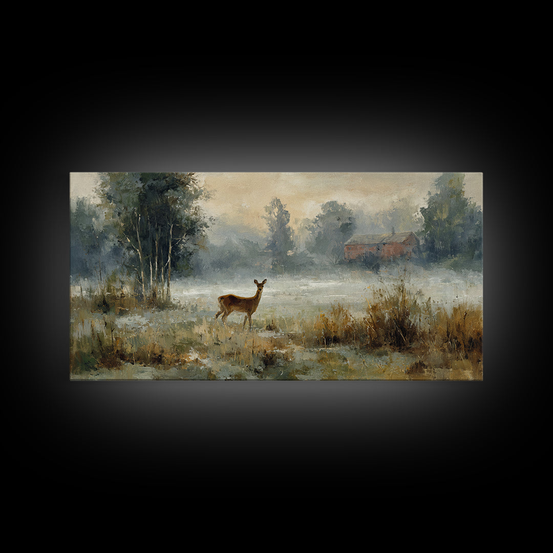 Deer Crossing a Misty Morning Field Canvas Print, Country Art, Original Painting, Farmhouse Decor, Fine Art, Country, COU-2x1-31
