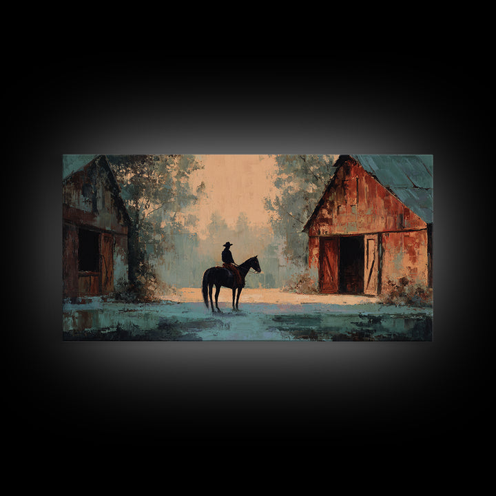 Horse and Rider Silhouette at Dusk Framed Canvas Print, Country Art, Minimalist Decor, Farmhouse Decor, Fine Art, Country, COU-2x1-37