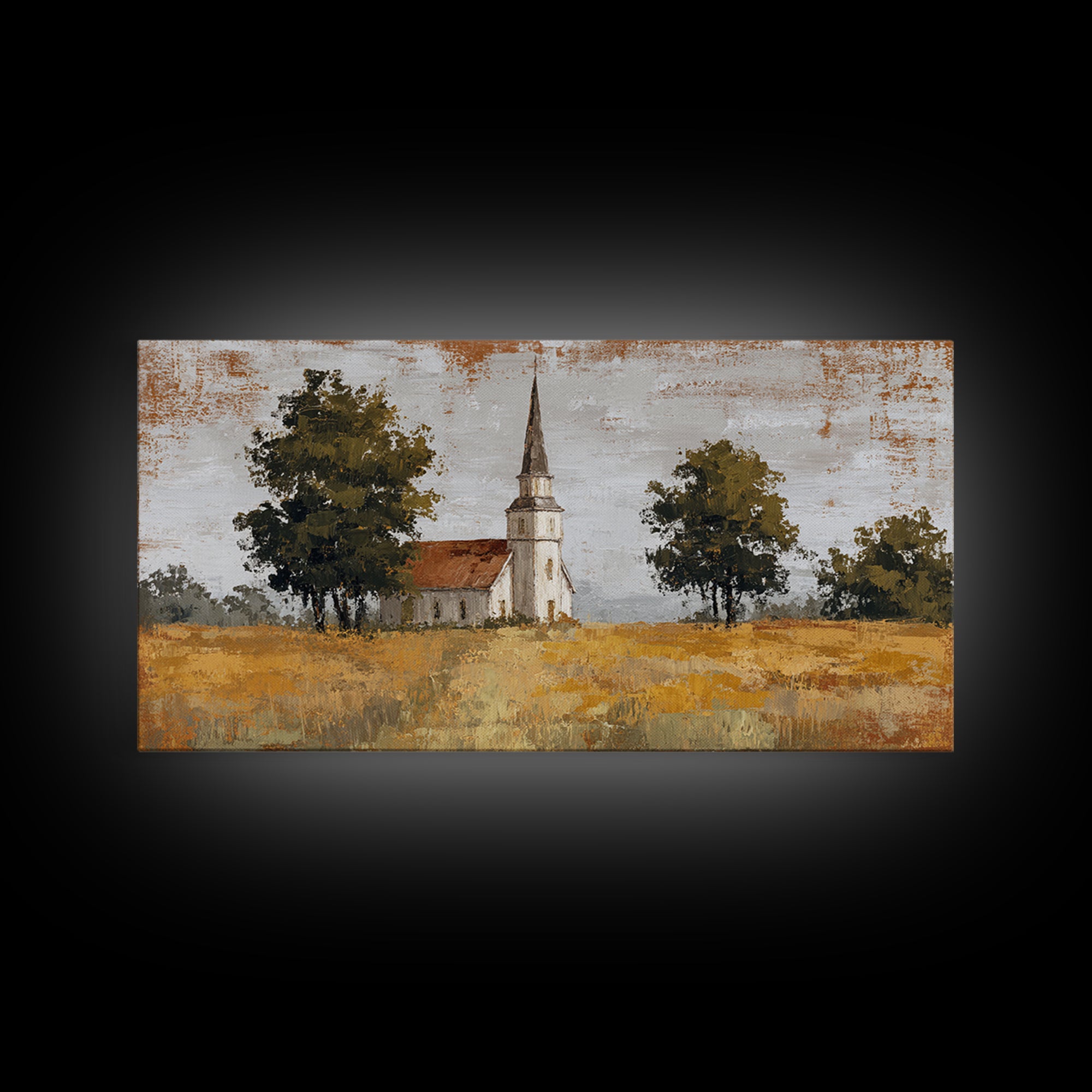 Country Church Steeple Beyond Trees Canvas Print, Country Art, Digital Prints, Farmhouse Decor, Oil Painting, Country, COU-2x1-39