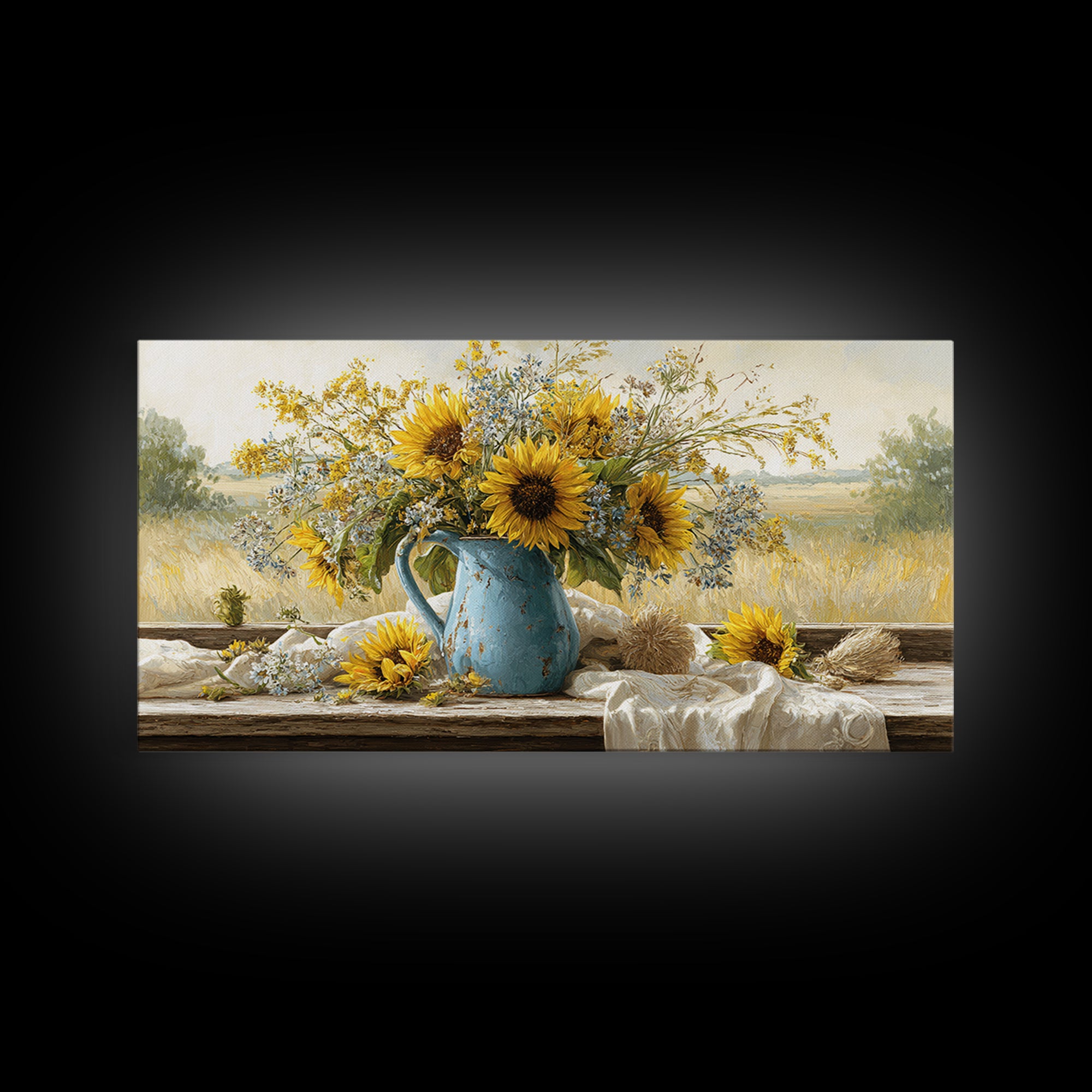 Sunflowers in a Blue Enamel Pitcher Canvas Print, Country Art, Boho Decor, Farmhouse Decor, Oil Painting, Country, Art Prints, COU-2x1-4