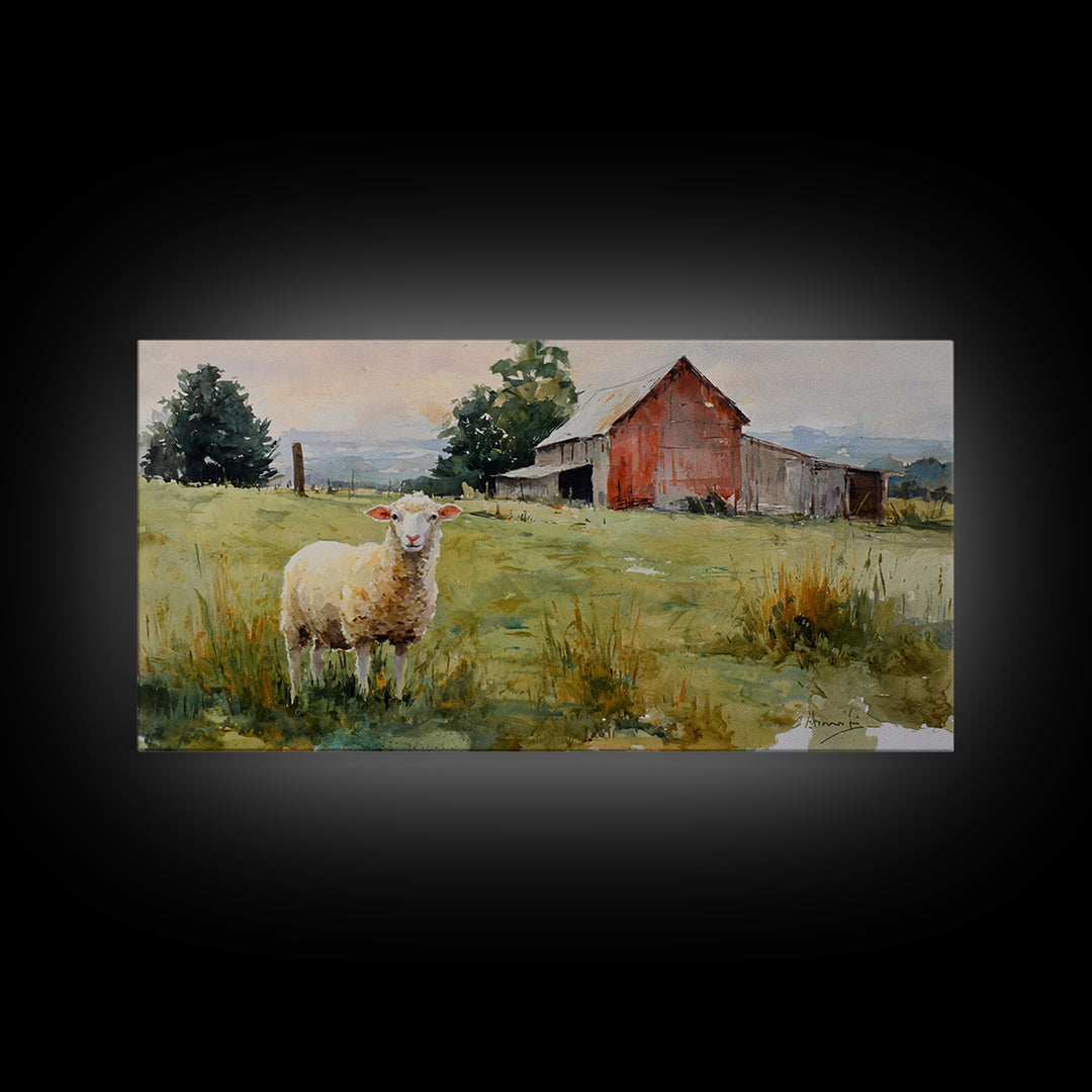 Watercolor Sheep in a Green Pasture Framed Canvas Print, Country Art, Art Prints, Farmhouse Decor, Fine Art, Country, COU-2x1-43