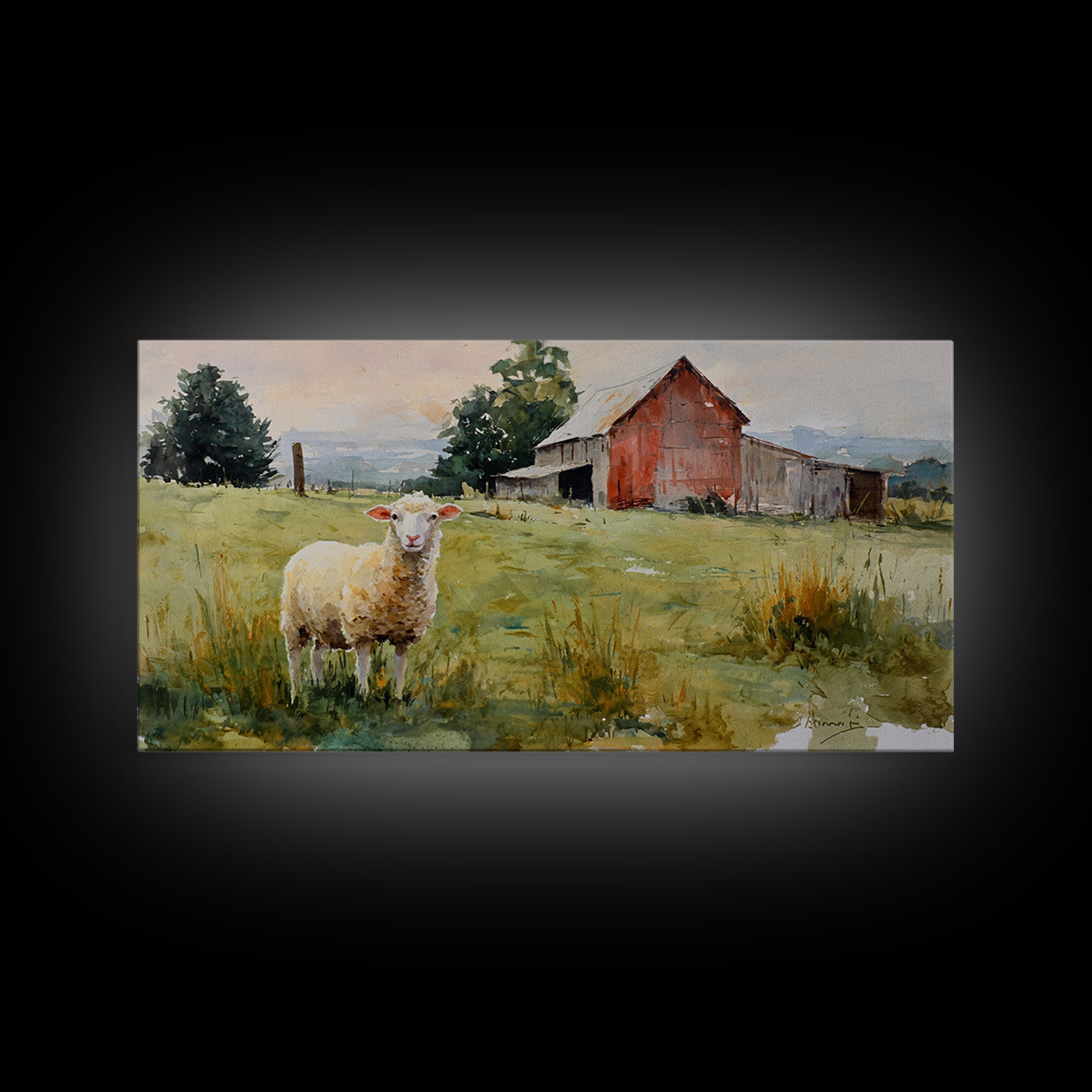 Watercolor Sheep in a Green Pasture Framed Canvas Print, Country Art, Art Prints, Farmhouse Decor, Fine Art, Country, COU-2x1-43