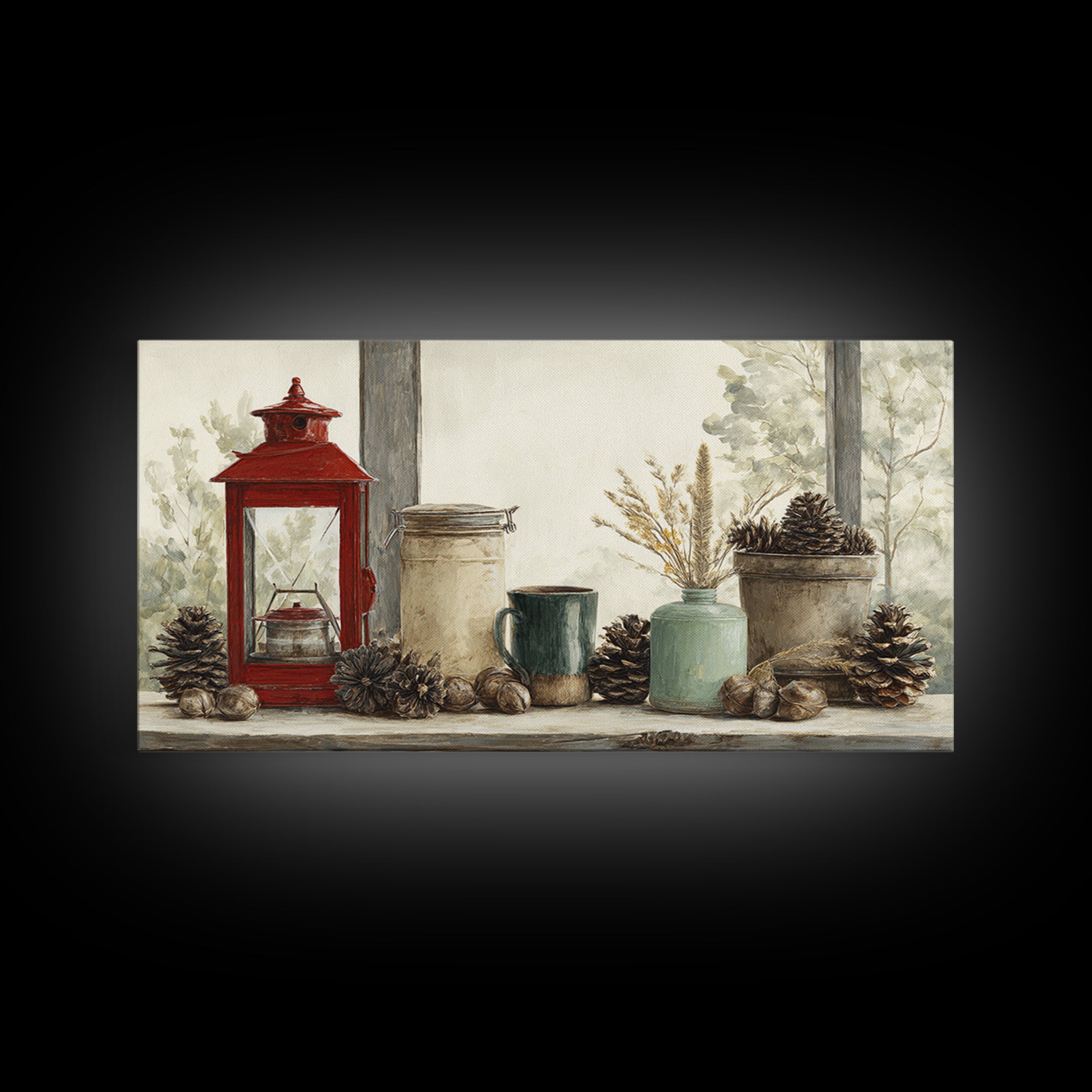 Old Lantern and Pinecones Still Life Canvas Print, Country Art, Textured Painting, Farmhouse Decor, Abstract Art, Country, COU-2x1-44