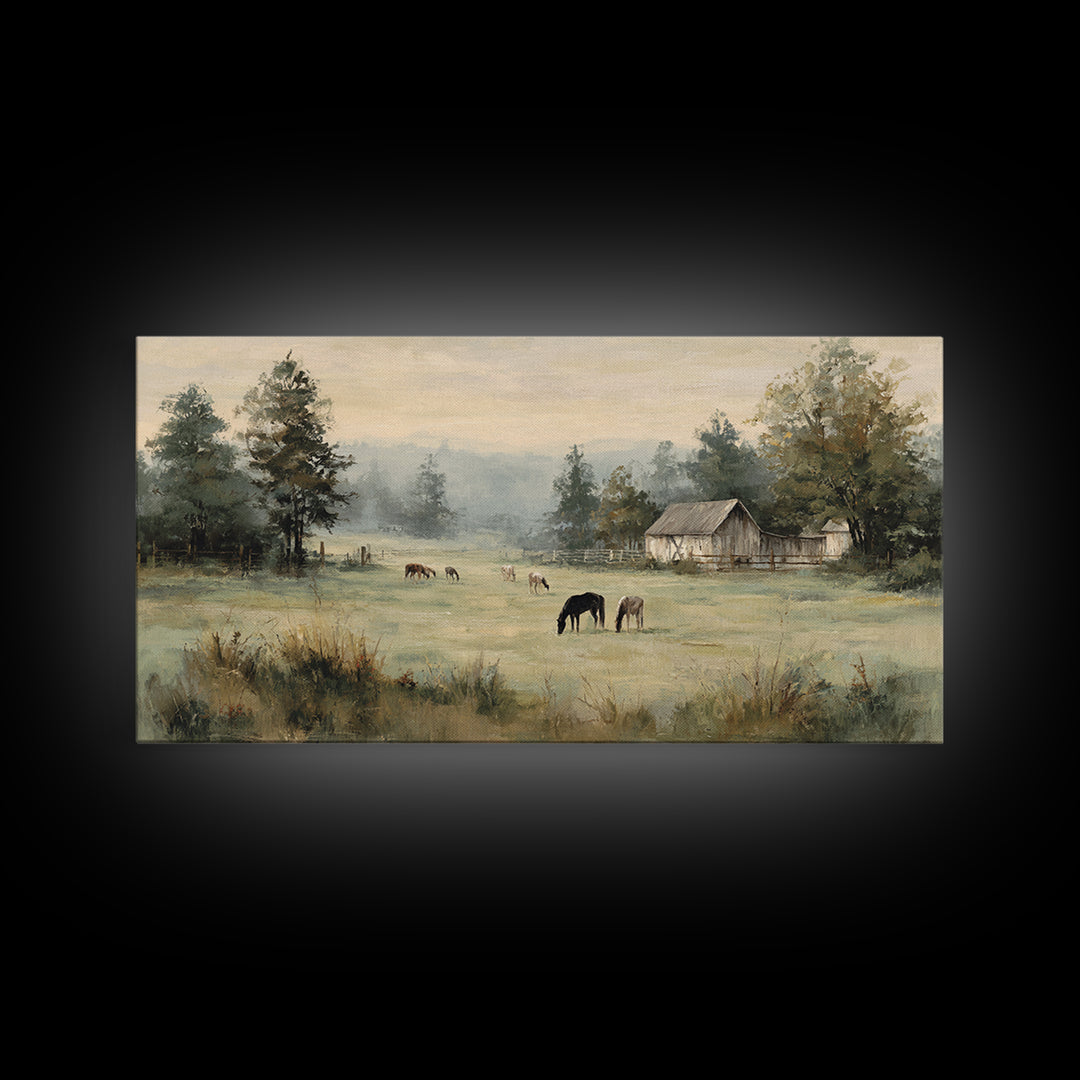 Rolling Pasture with Grazing Horses at Sunrise Framed Canvas Print, Country Art, Art Print, Farmhouse Decor, Fine Art, Country, COU-2x1-45