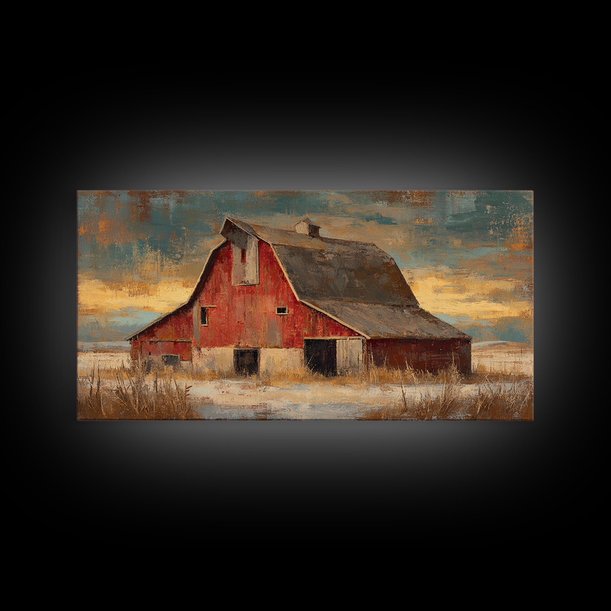 Rustic Barn Silhouette Canvas Print, Country Art, Large Wall Art, Farmhouse Decor, Oil Painting, Country, Eclectic Wall Art, COU-2x1-47