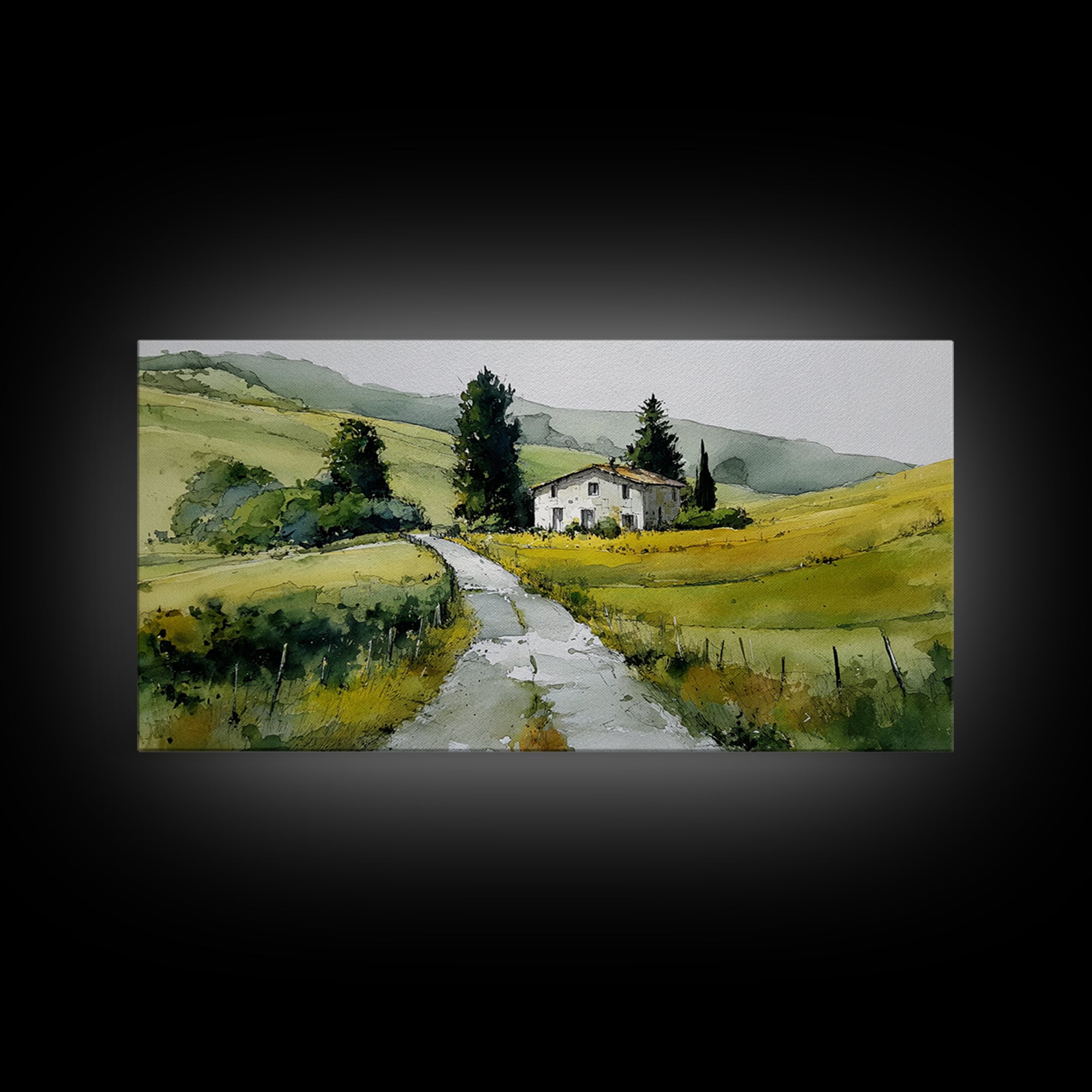 Country Road Disappearing into Green Hills Framed Canvas Print, Country Art, Farmhouse Decor, Watercolor Art, Country, COU-2x1-51