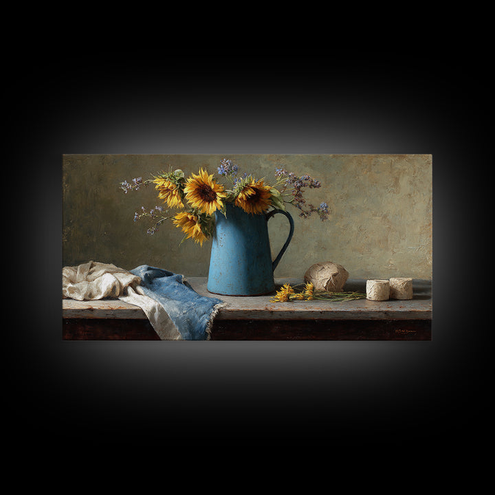 Sunflowers in a Blue Enamel Pitcher Canvas Print, Country Art, Digital Prints, Farmhouse Decor, Watercolor Art, Country, COU-2x1-52