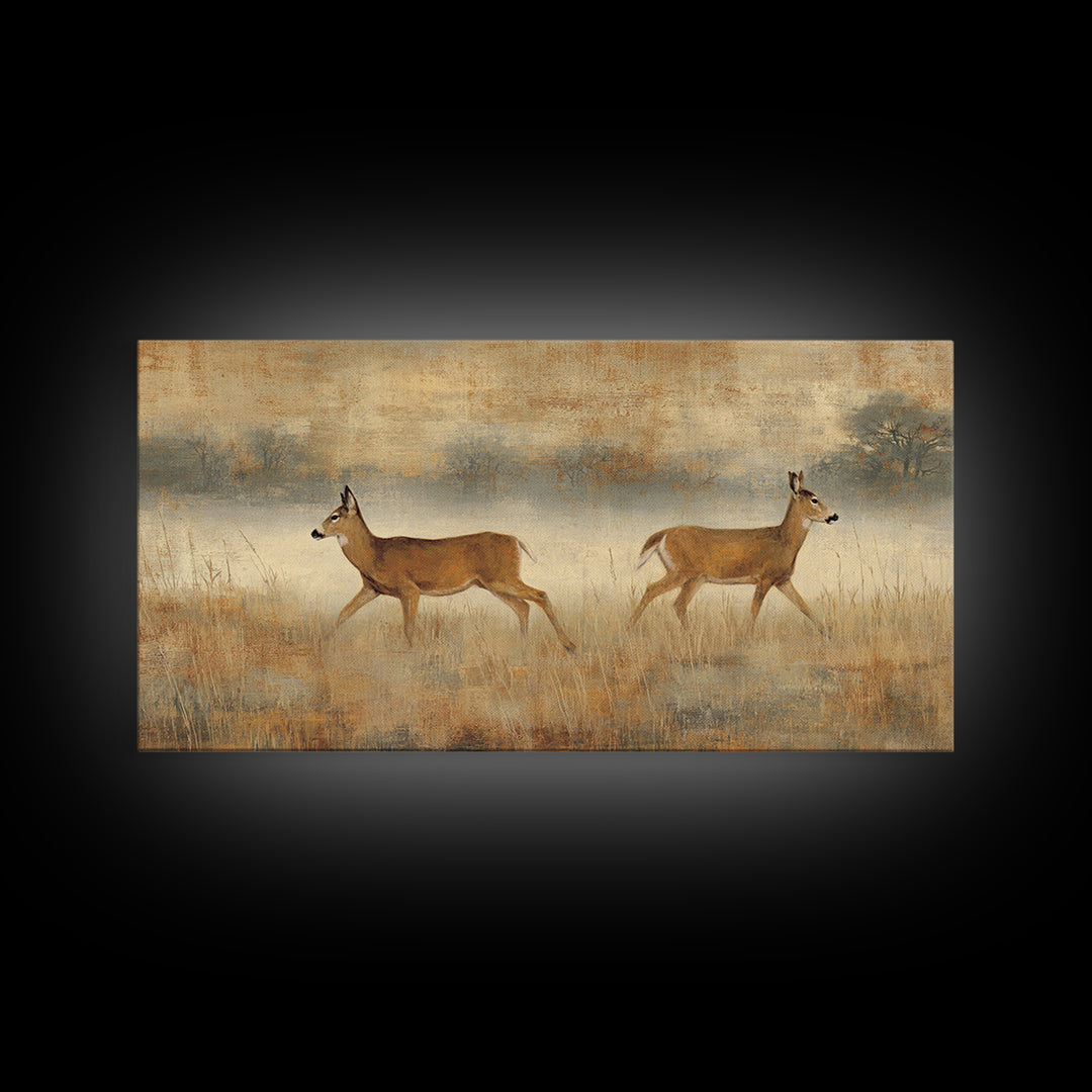 Deer Crossing a Misty Morning Field Framed Canvas Print, Country Art, Printable Art, Farmhouse Decor, Fine Art, Country, COU-2x1-55