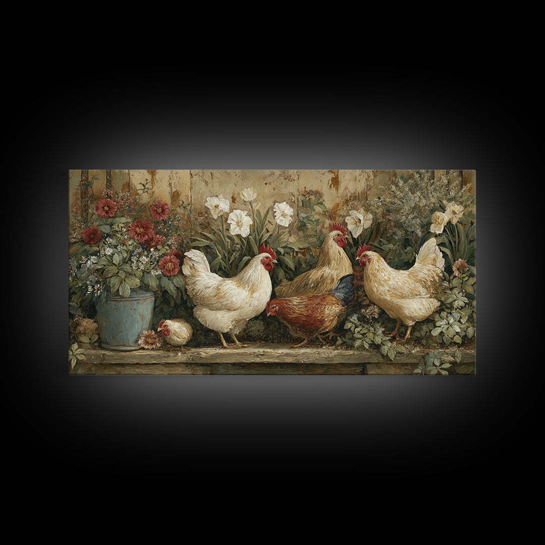 Chickens Pecking Near Garden Flowers Canvas Print, Country Art, Wall Art, Farmhouse Decor, Watercolor Art, Country, COU-2x1-58