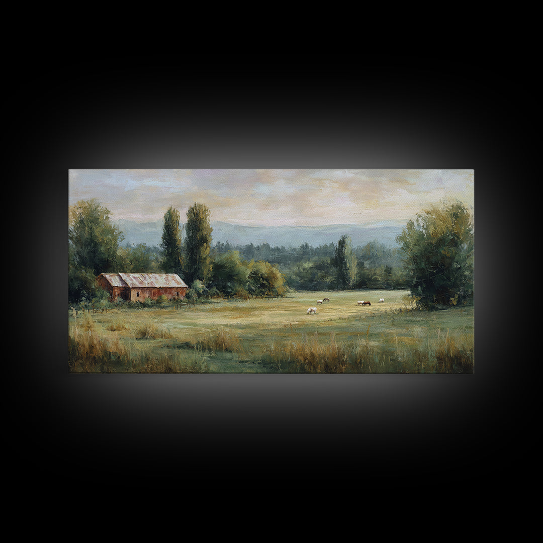 Rolling Pasture with Grazing Horses at Sunrise Canvas Print, Country Art, Large Wall Art, Farmhouse Decor, Fine Art, Country, COU-2x1-69