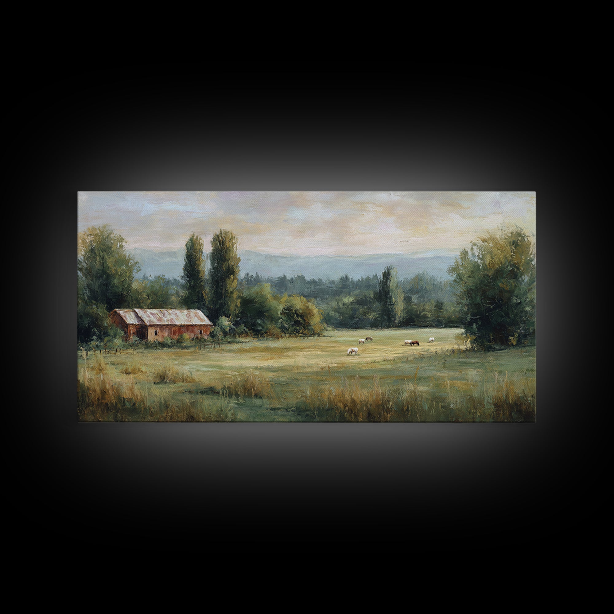 Rolling Pasture with Grazing Horses at Sunrise Canvas Print, Country Art, Large Wall Art, Farmhouse Decor, Fine Art, Country, COU-2x1-69