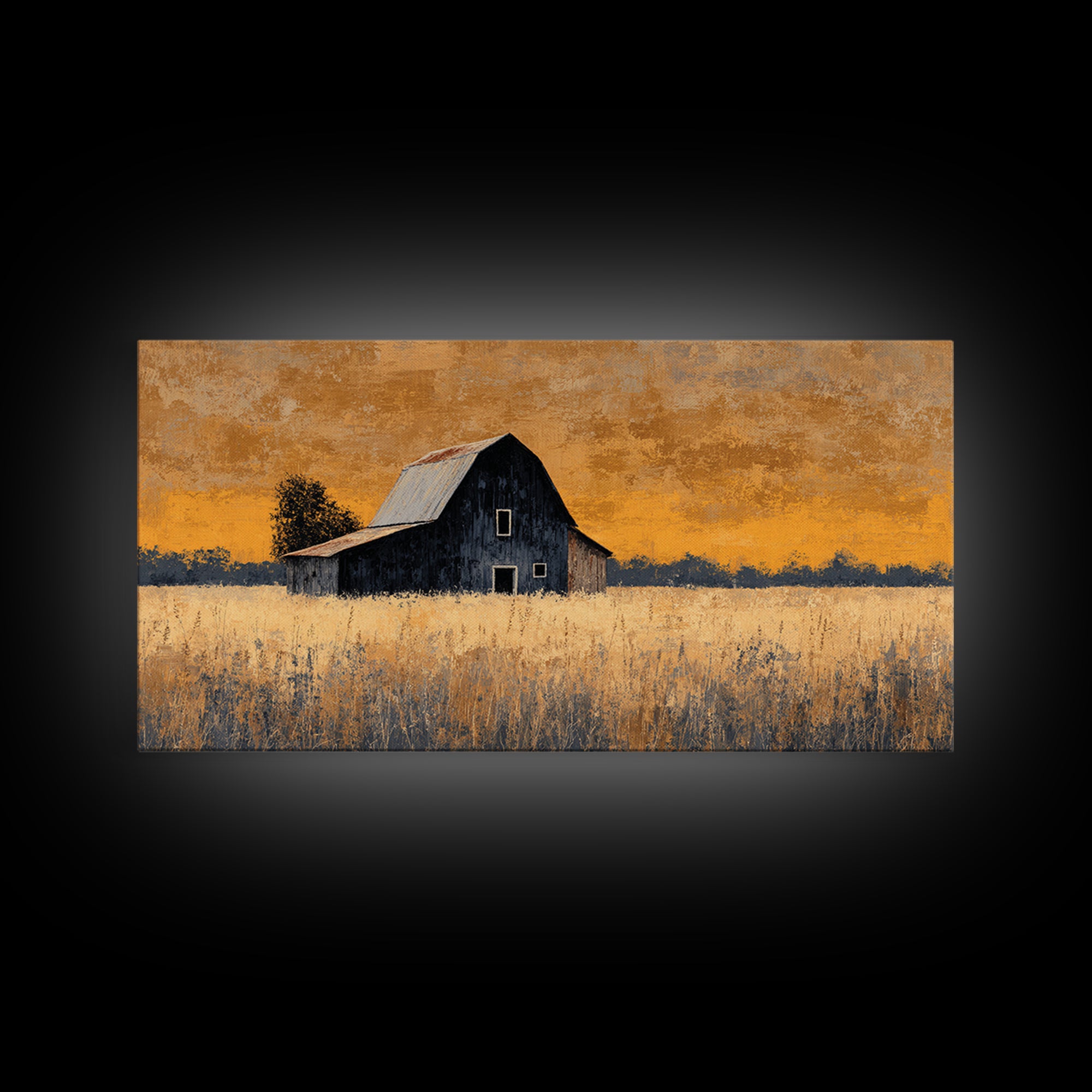 Rustic Barn Silhouette Canvas Print, Country Art, Landscape Painting, Farmhouse Decor, Abstract Art, Country, Statement Artwork, COU-2x1-71