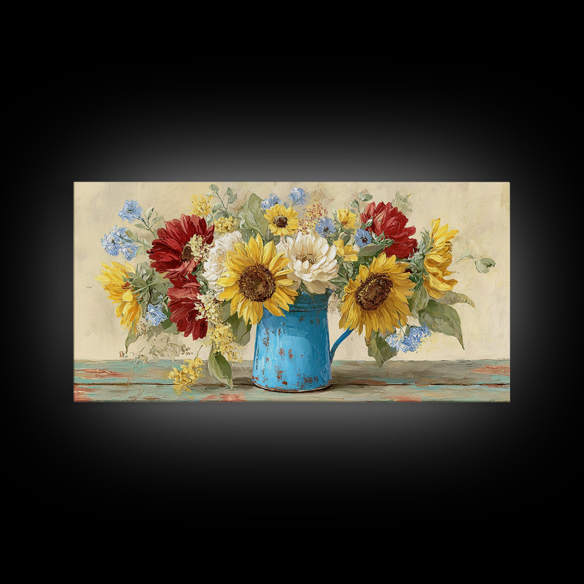 Sunflowers in a Blue Enamel Pitcher Canvas Print, Country Art, Farmhouse Decor, Country, Gallery Wall Art, Landscape Wall Art, COU-2x1-76