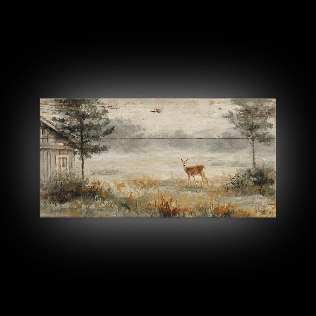 Deer Crossing a Misty Morning Field Framed Canvas Print, Country Art, French Country Decor, Farmhouse Decor, Fine Art, Country, COU-2x1-79