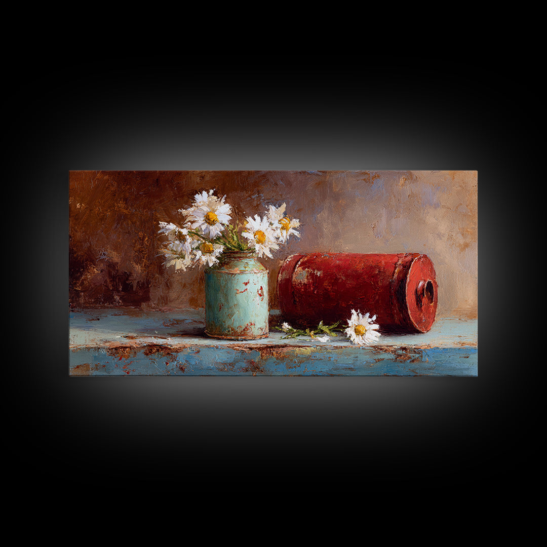 Milk Can and Daisies Rustic Still Life Framed Canvas Print, Country Art, Oil Painting, Farmhouse Decor, Watercolor Art, Country, COU-2x1-81