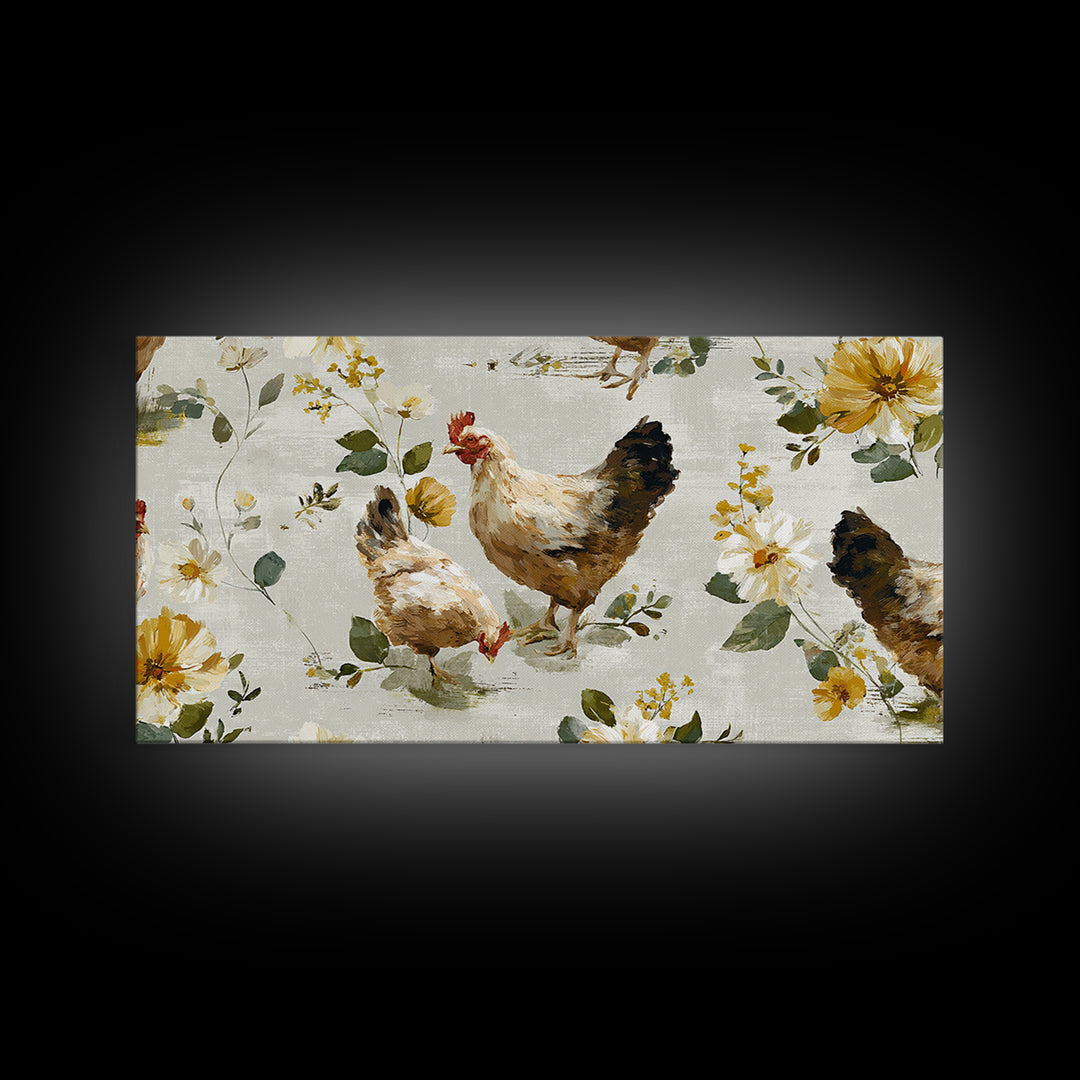 Chickens Pecking Near Garden Flowers Canvas Print, Country Art, Wall Art, Farmhouse Decor, Watercolor Art, Country, COU-2x1-82