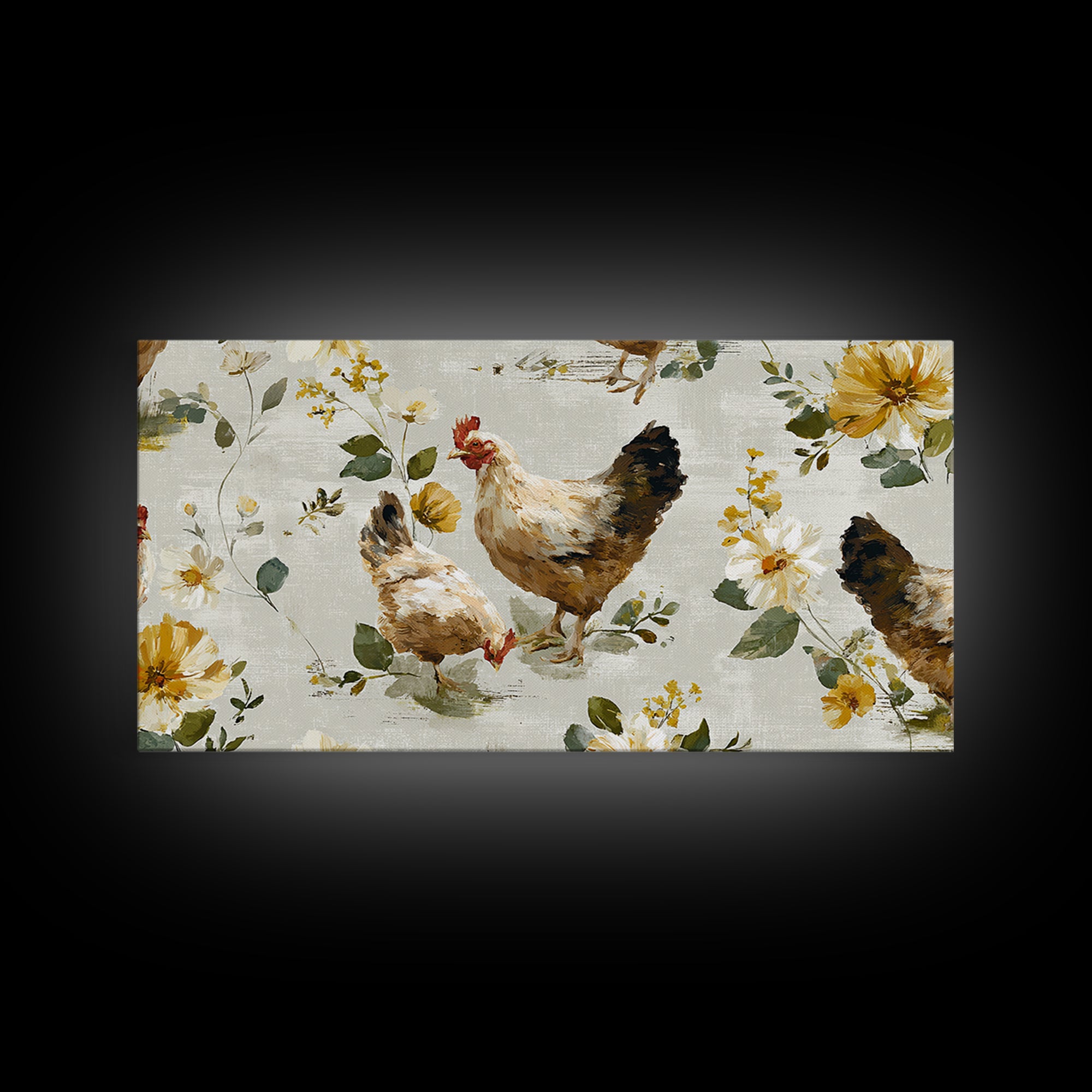 Chickens Pecking Near Garden Flowers Canvas Print, Country Art, Wall Art, Farmhouse Decor, Watercolor Art, Country, COU-2x1-82