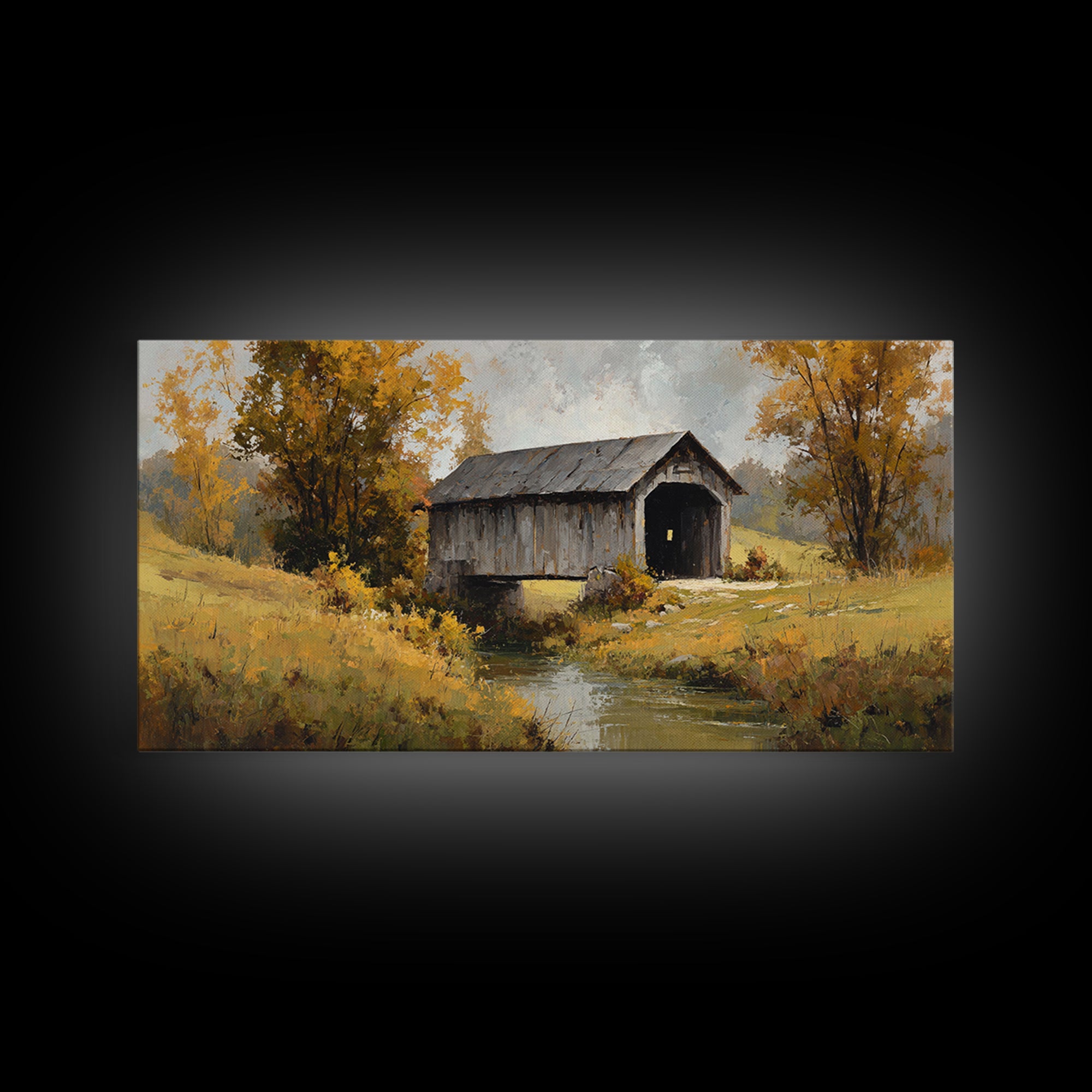 Covered Bridge over a Quiet Creek Framed Canvas Print, Country Art, Contemporary Art, Farmhouse Decor, Fine Art, Country, COU-2x1-83