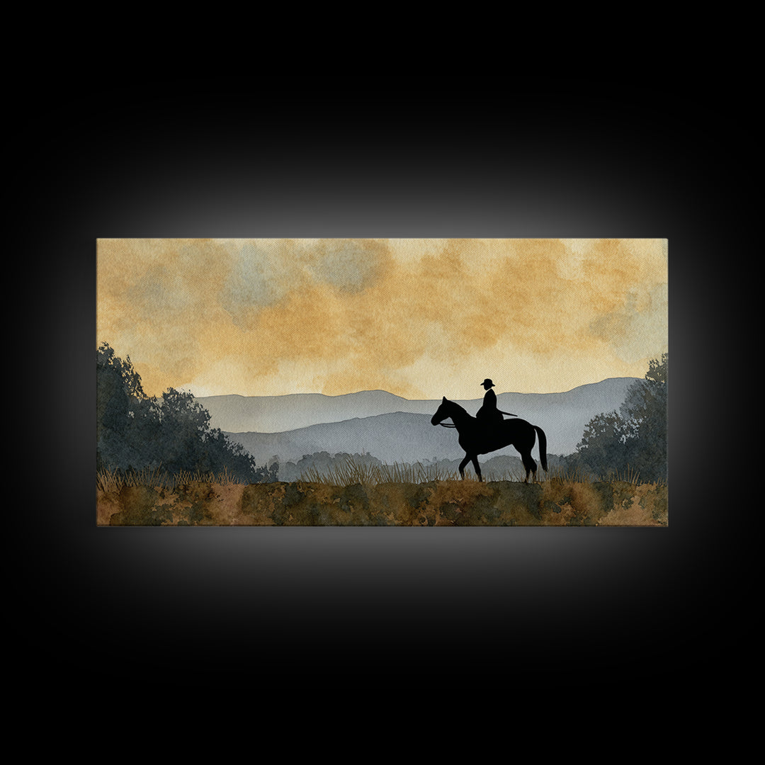 Horse and Rider Silhouette at Dusk Framed Canvas Print, Country Art, Digital Wall Art, Farmhouse Decor, Fine Art, Country, COU-2x1-85