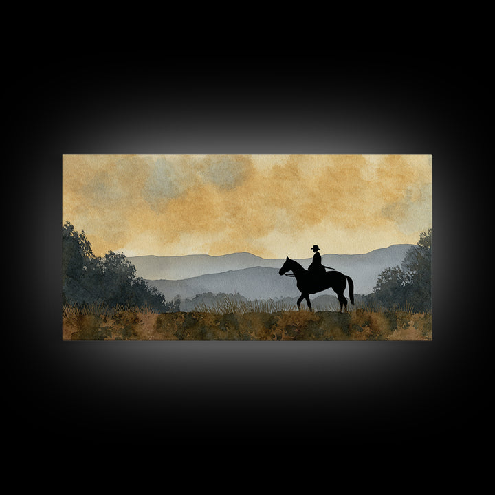 Horse and Rider Silhouette at Dusk Framed Canvas Print, Country Art, Digital Wall Art, Farmhouse Decor, Fine Art, Country, COU-2x1-85