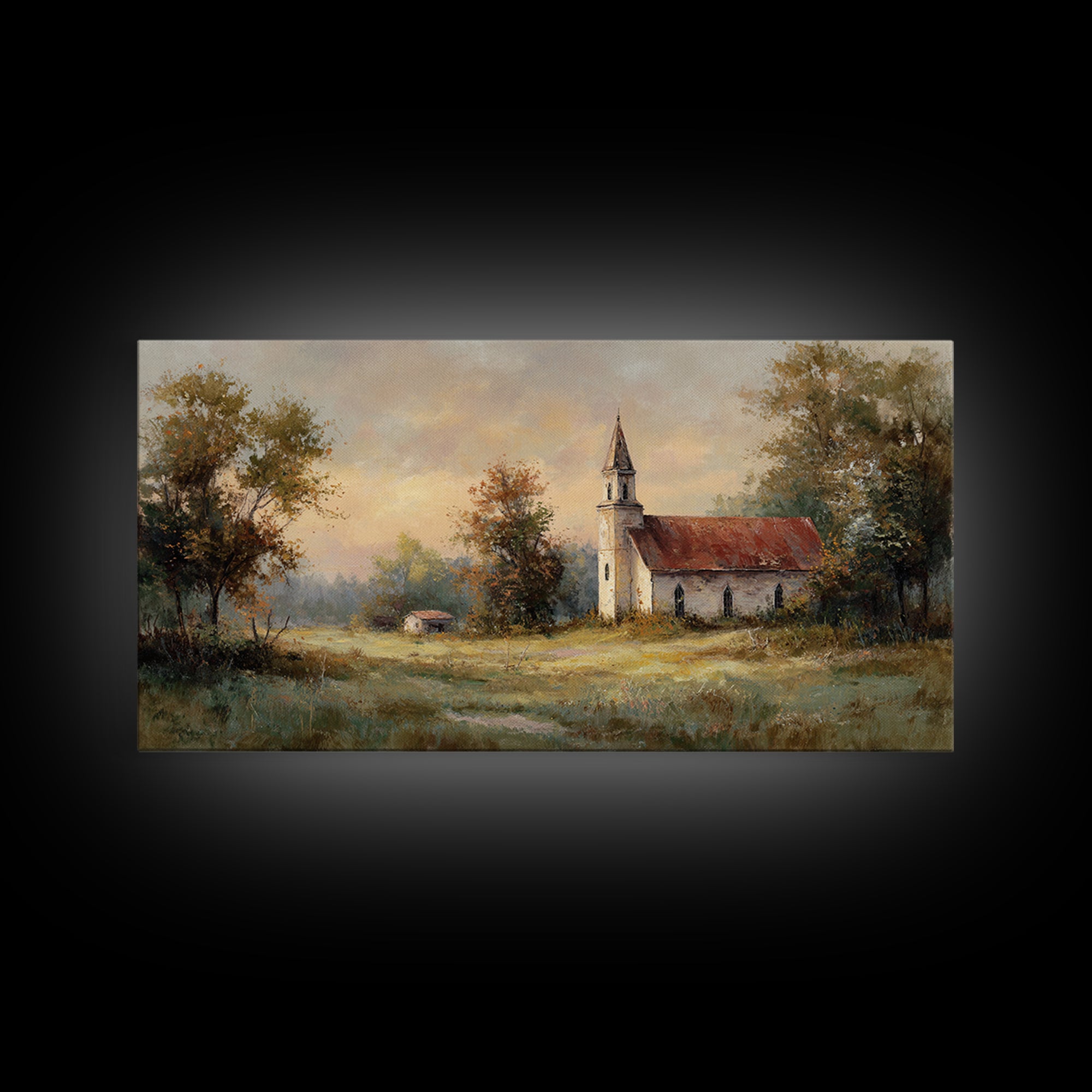 Country Church Steeple Beyond Trees Framed Canvas Print, Country Art, Digital Art Prints, Farmhouse Decor, Fine Art, Country, COU-2x1-87