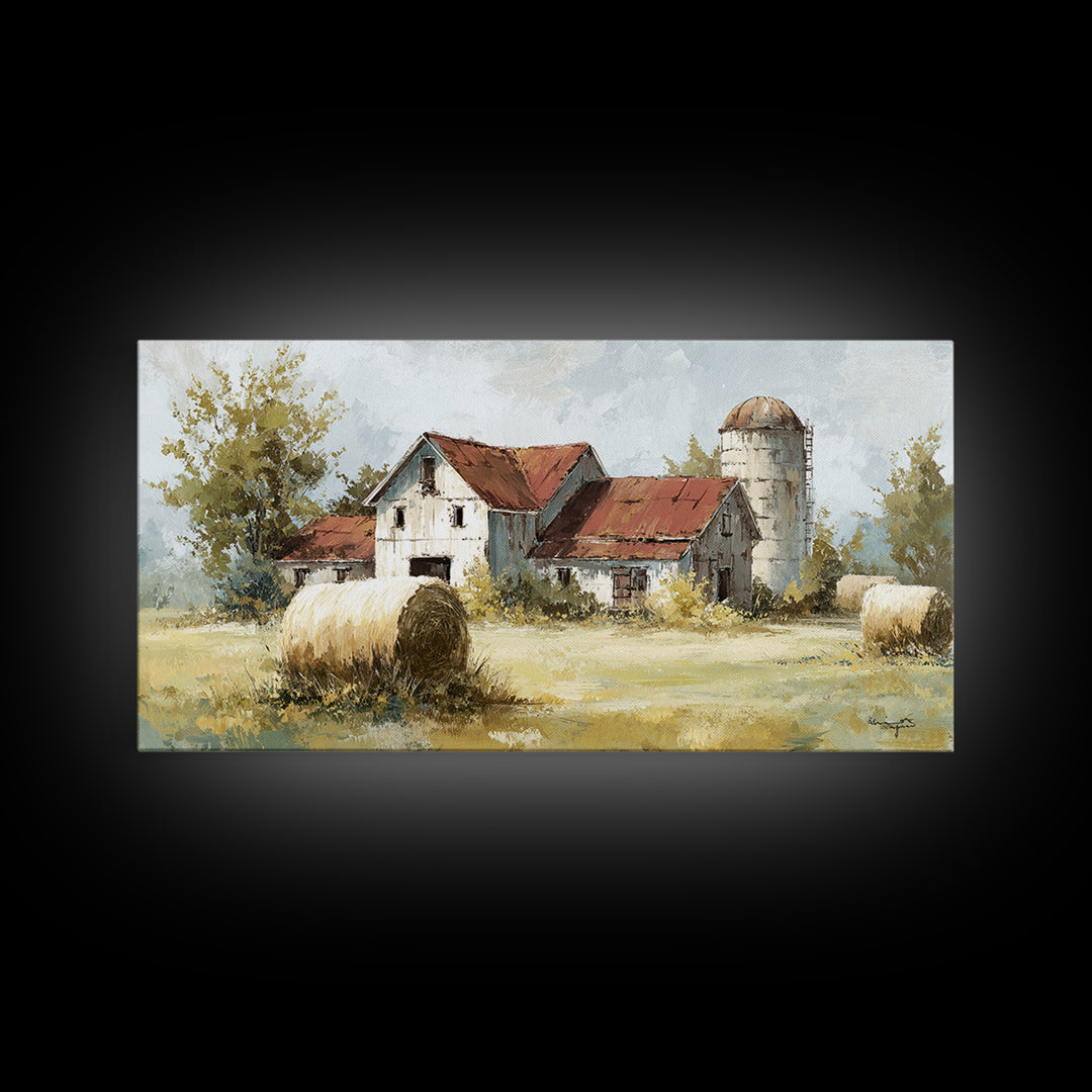 Hay Bales in Late Afternoon Sun Framed Canvas Print, Country Art, Digital Print, Farmhouse Decor, Country, French Country, COU-2x1-88