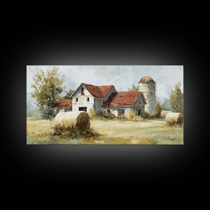 Hay Bales in Late Afternoon Sun Framed Canvas Print, Country Art, Digital Print, Farmhouse Decor, Country, French Country, COU-2x1-88