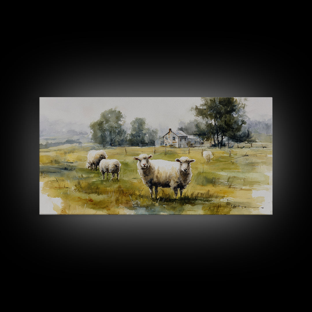 Watercolor Sheep in a Green Pasture Framed Canvas Print, Country Art, Printable Wall Art, Farmhouse Decor, Fine Art, Country, COU-2x1-91