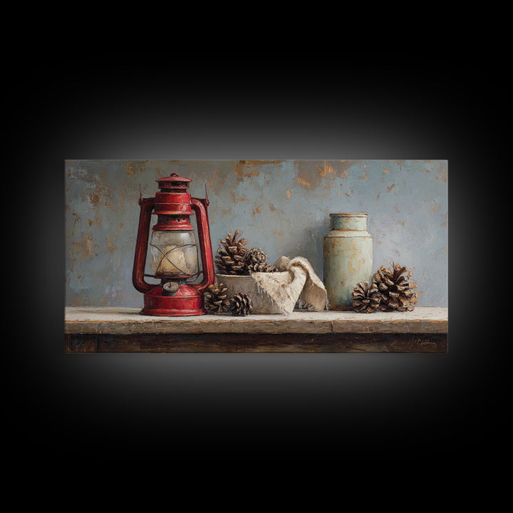 Old Lantern and Pinecones Still Life Framed Canvas Print, Country Art, Printable Art, Farmhouse Decor, Oil Painting, Country, COU-2x1-92