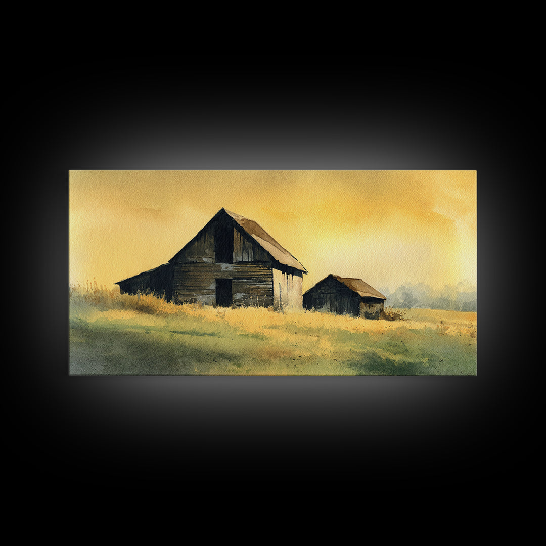 Rustic Barn Silhouette Framed Canvas Print, Country Art, Landscape Wall Art, Farmhouse Decor, Fine Art, Country, COU-2x1-95