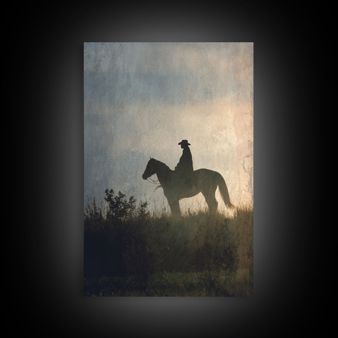 Horse and Rider Silhouette at Dusk Framed Canvas Print, Country Art, Wall Art, Farmhouse Decor, Fine Art, Country, COU-2x3-1
