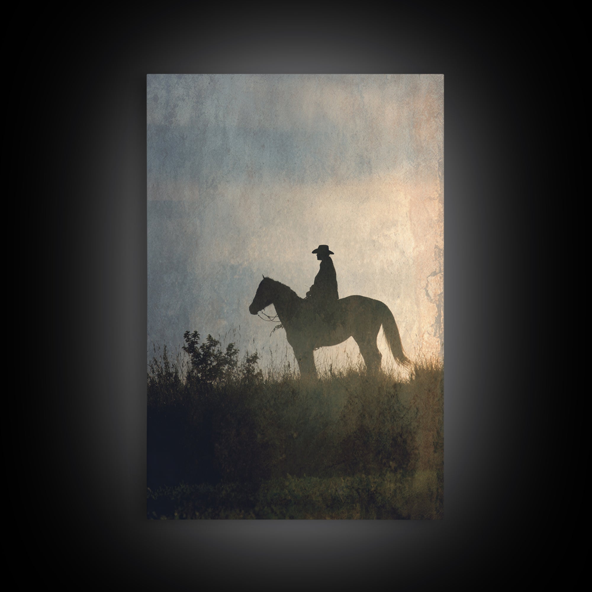 Horse and Rider Silhouette at Dusk Framed Canvas Print, Country Art, Wall Art, Farmhouse Decor, Fine Art, Country, COU-2x3-1