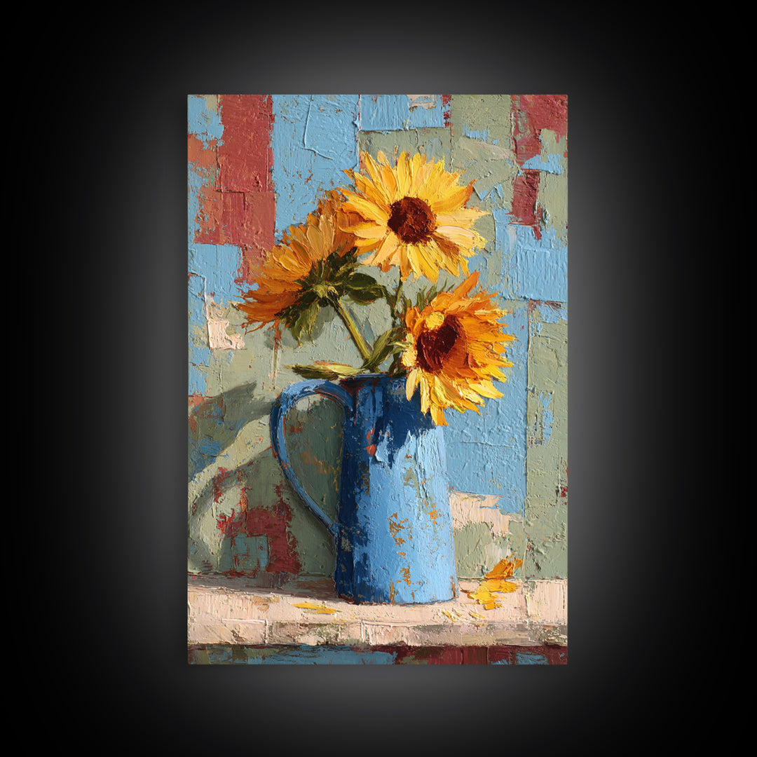 Sunflowers in a Blue Enamel Pitcher Canvas Print, Country Art, Floral Wall Art, Farmhouse Decor, Country, Fine Art Print, COU-2x3-16