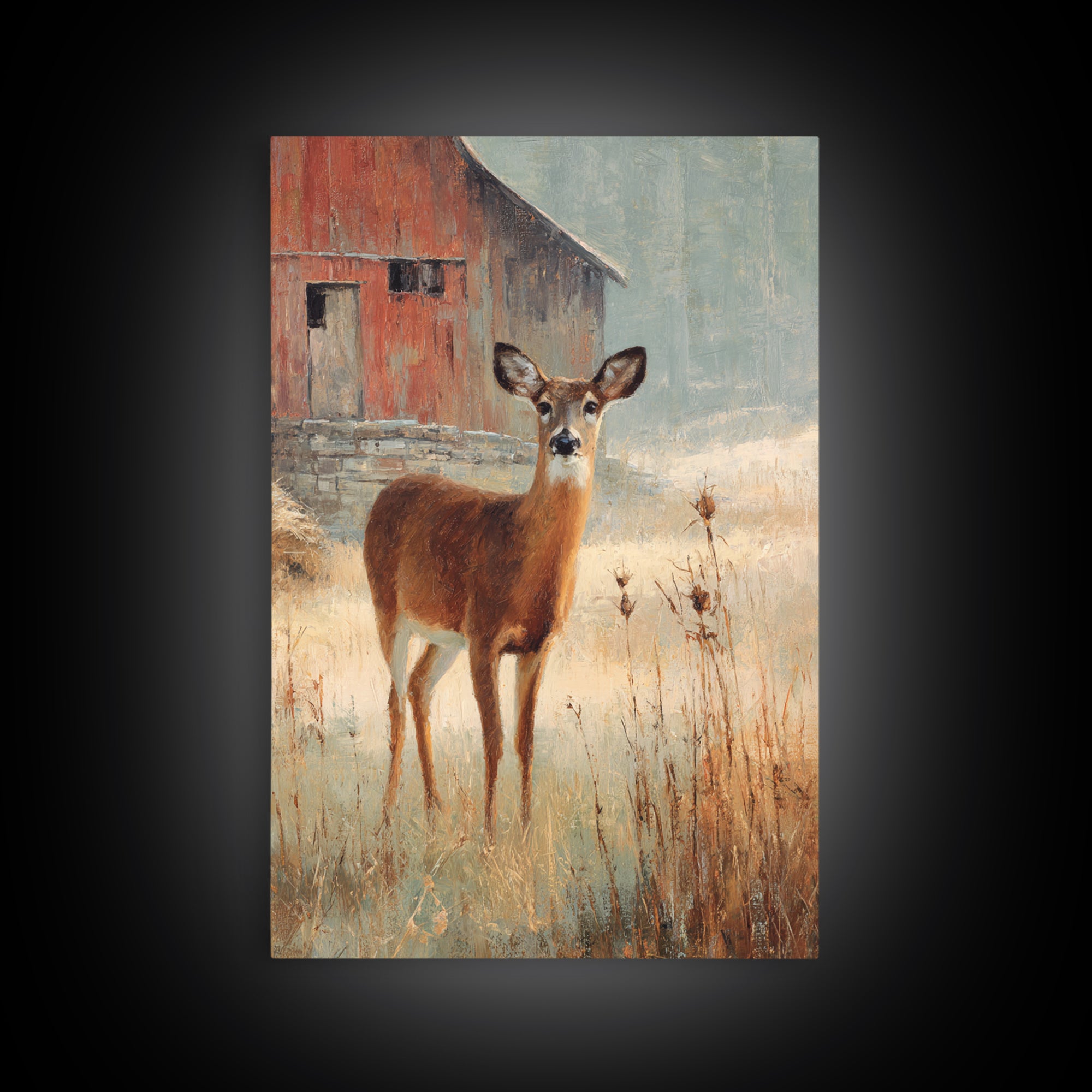 Deer Crossing a Misty Morning Field Framed Canvas Print, Country Art, Wall Decor, Farmhouse Decor, Fine Art, Country, COU-2x3-19