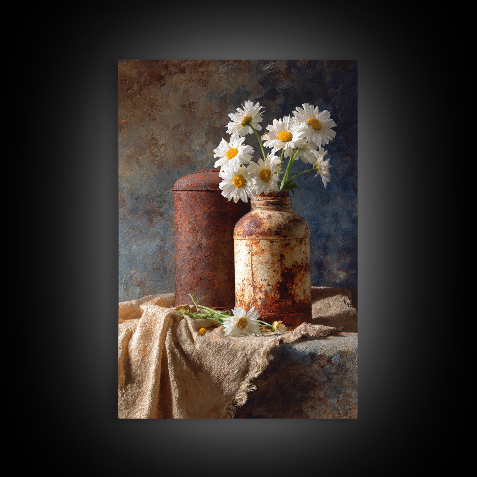 Milk Can and Daisies Rustic Still Life Framed Canvas Print, Country Art, Farmhouse Decor, Oil Painting, Country, COU-2x3-21