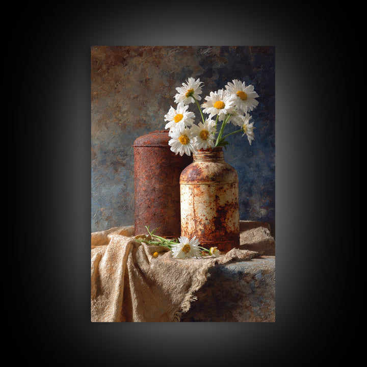 Milk Can and Daisies Rustic Still Life Framed Canvas Print, Country Art, Farmhouse Decor, Oil Painting, Country, COU-2x3-21