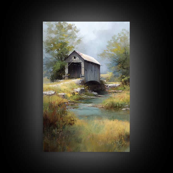 Covered Bridge over a Quiet Creek Canvas Print, Country Art, Luxury Decor, Farmhouse Decor, Fine Art, Country, COU-2x3-23