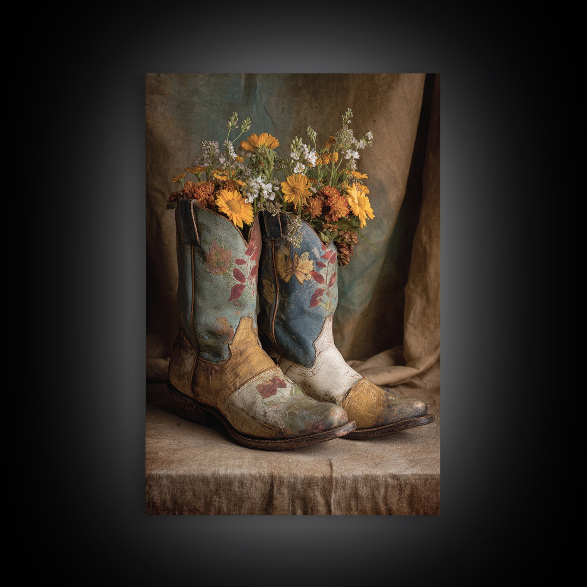 Weathered Boots with Wildflowers Tucked Inside Canvas Print, Country Art, Eclectic Wall Art, Farmhouse Decor, Country, COU-2x3-24