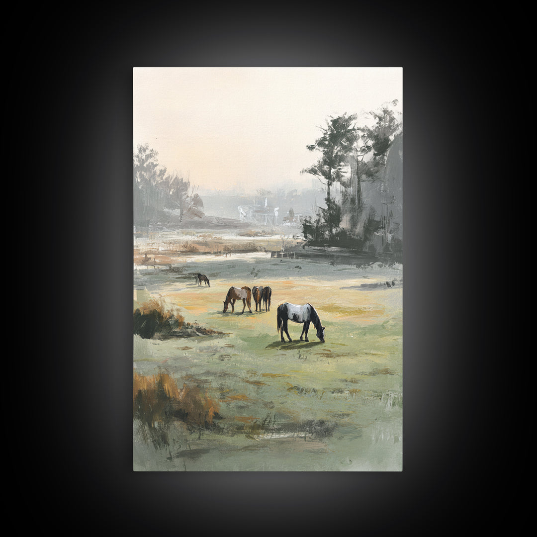 Rolling Pasture with Grazing Horses at Sunrise Canvas Print, Country Art, Original Painting, Farmhouse Decor, Country, COU-2x3-33
