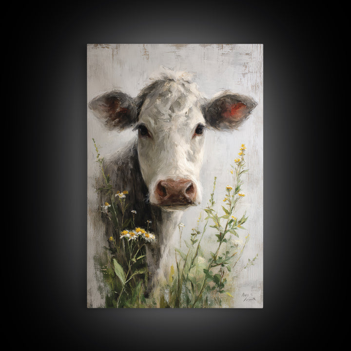 Cow Portrait with Gentle Farmhouse Personality Framed Canvas Print, Country Art, Digital Art Prints, Farmhouse Decor, Country, COU-2x3-36