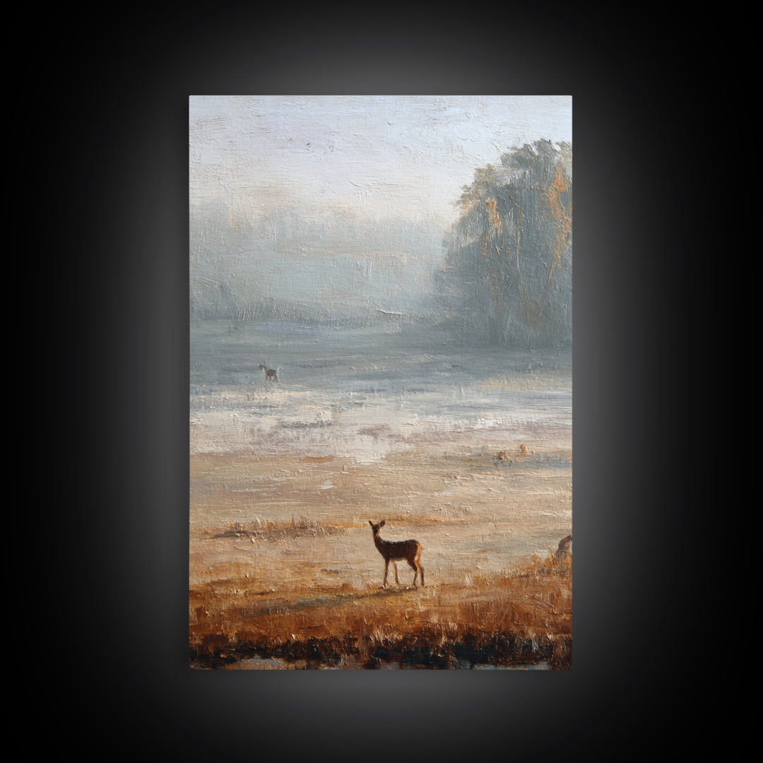 Deer Crossing a Misty Morning Field Framed Canvas Print, Country Art, Contemporary Art, Farmhouse Decor, Fine Art, Country, COU-2x3-43