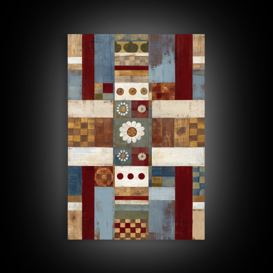 Quilt Geometric Folk Pattern Framed Canvas Print, Country Art, Landscape Wall Art, Farmhouse Decor, Abstract Art, Country, COU-2x3-44