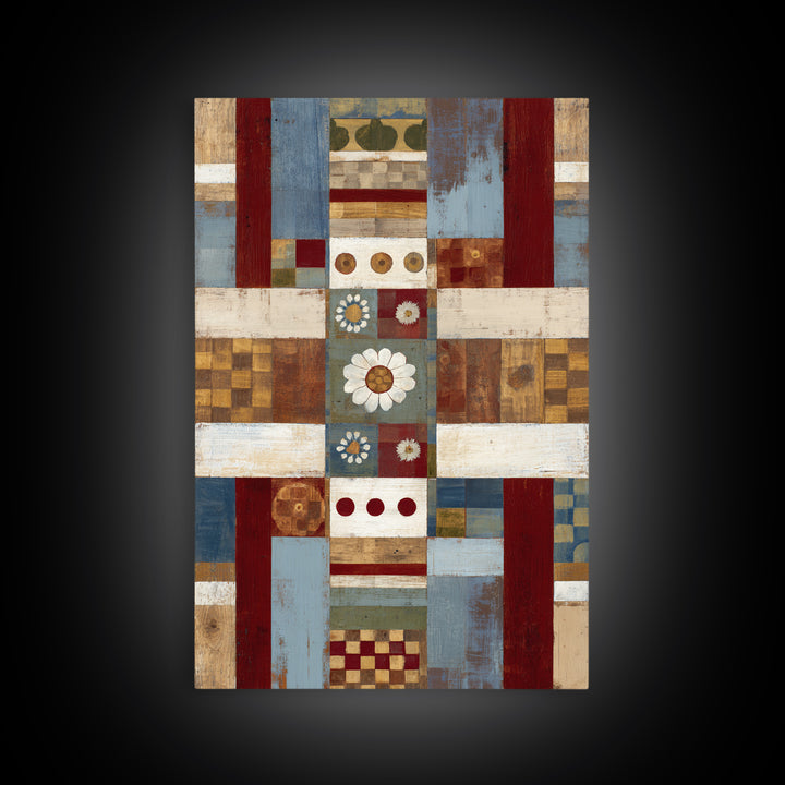 Quilt Geometric Folk Pattern Framed Canvas Print, Country Art, Landscape Wall Art, Farmhouse Decor, Abstract Art, Country, COU-2x3-44